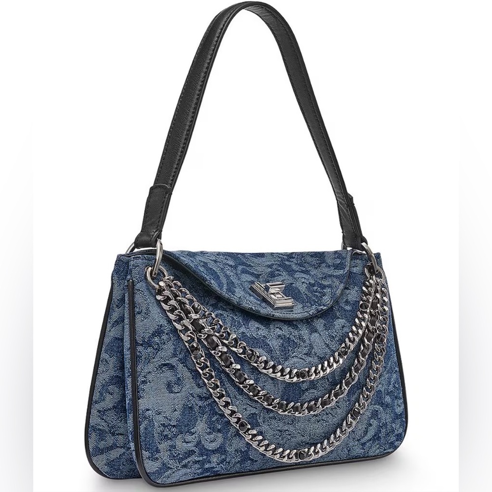 NWT KARL LAGERFELD PARIS Nadine Denim Shoulder Bag—Silver Chain Detail W/ Dusty - Picture 4 of 6
